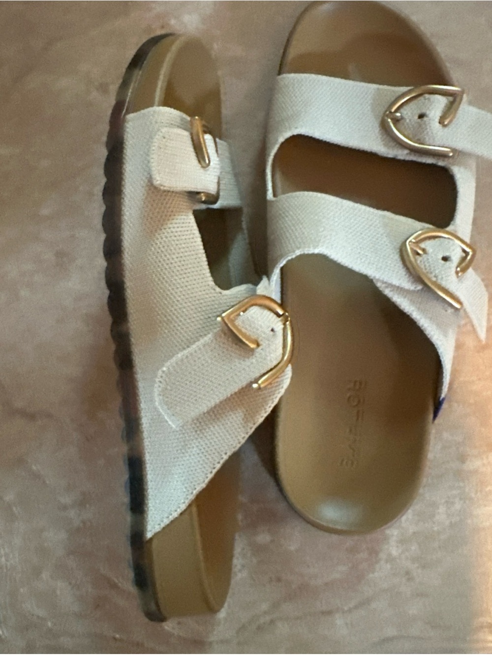 Rothy's Cream Double-Band Slide Sandals with Gold Buckles - Picture 4 of 8